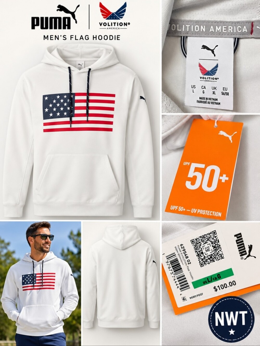 Puma White Hooded Sun Hoodie with American Flag